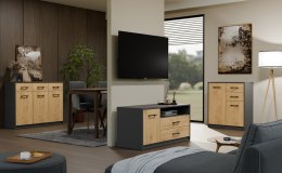 SZAFKA RTV STOLIK TV SIMPLO 2 SZUFLADY DRZWI PÓŁKA ANTRACYT / DĄB ARTISAN